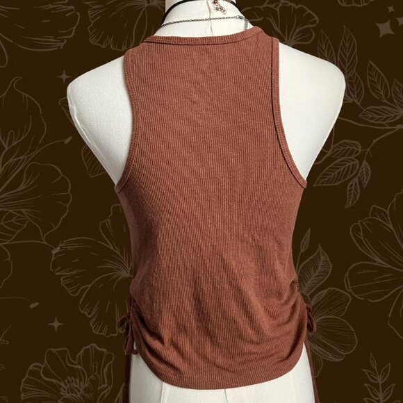 Hand-Printed Handmade Upcycled Chocolate Brown Graphic Fig Halter Tank Top - Picture 5 of 7